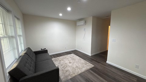 A living room with a black couch and a rug.