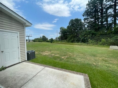 A backyard with a shed, a trash can, and a concrete walkway.