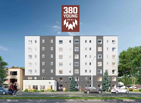 A rendering of a multi-story building with the text "380 Young" on the top.