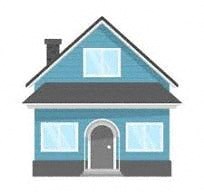A blue house with a brown roof and a grey door.