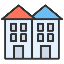 Two houses with red and blue roofs.