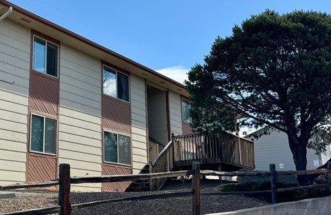 A house with a brown and beige exterior and a tree in front.