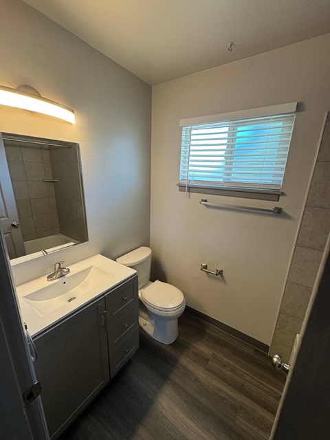 A bathroom with a toilet, sink, and mirror.