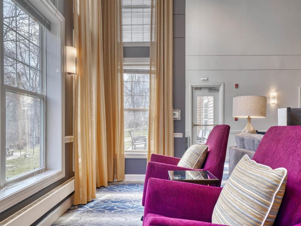 A living room with a purple couch and a view of trees outside the window.