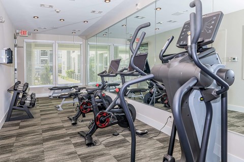 A gym with treadmills and elliptical machines.