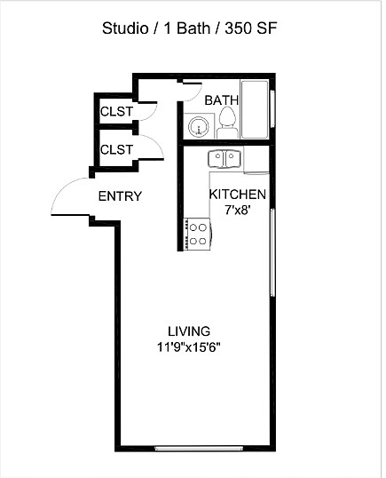 A floor plan of a studio apartment with one bath and a living space.