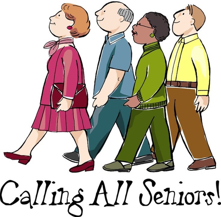 A group of people are walking together with the text "Calling All Seniors!" above them.