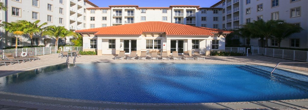 A large swimming pool in the front