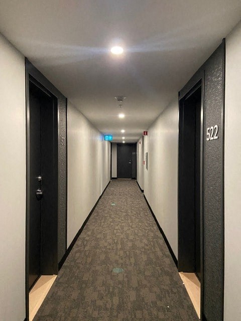 A hallway with doors on both sides and a carpeted floor.