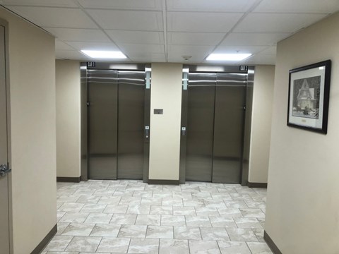 Three elevators in a hallway with a framed picture on the wall.