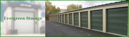 A storage facility named Evergreen Storage with green doors.