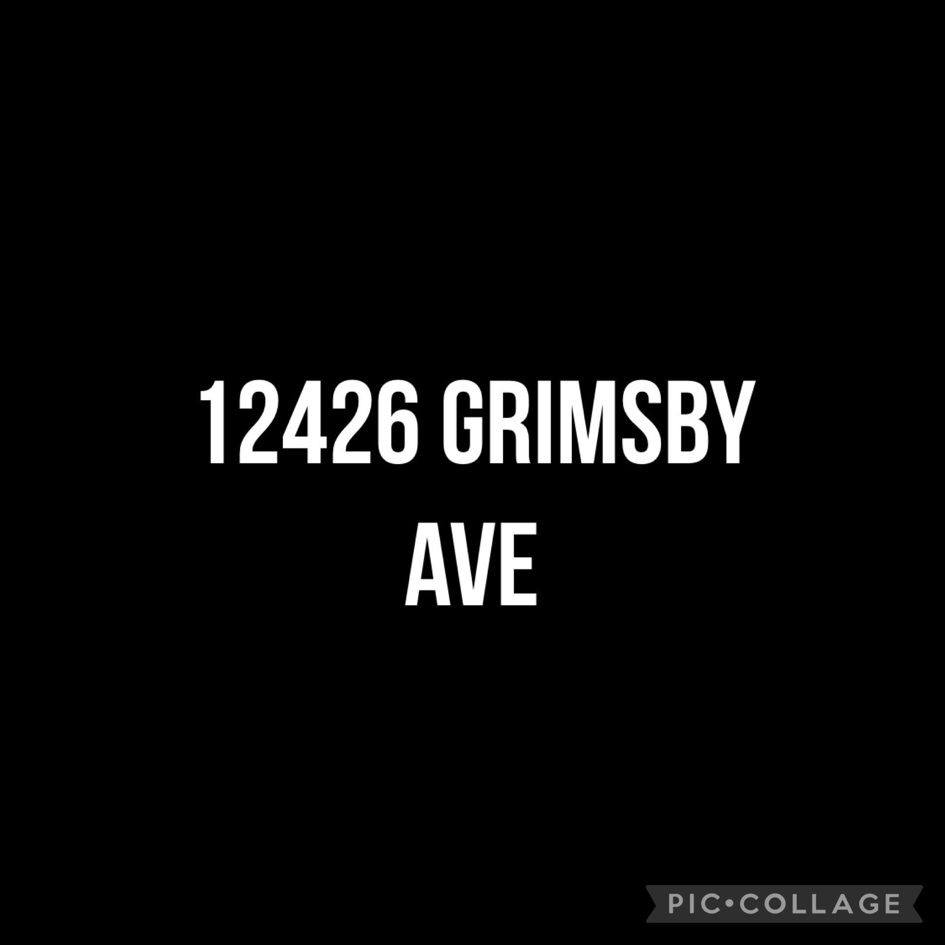 The image displays the text "12426 GRIMSBY AVE" on a black background.