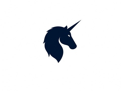 A dark silhouette of a unicorn's head with a horn.