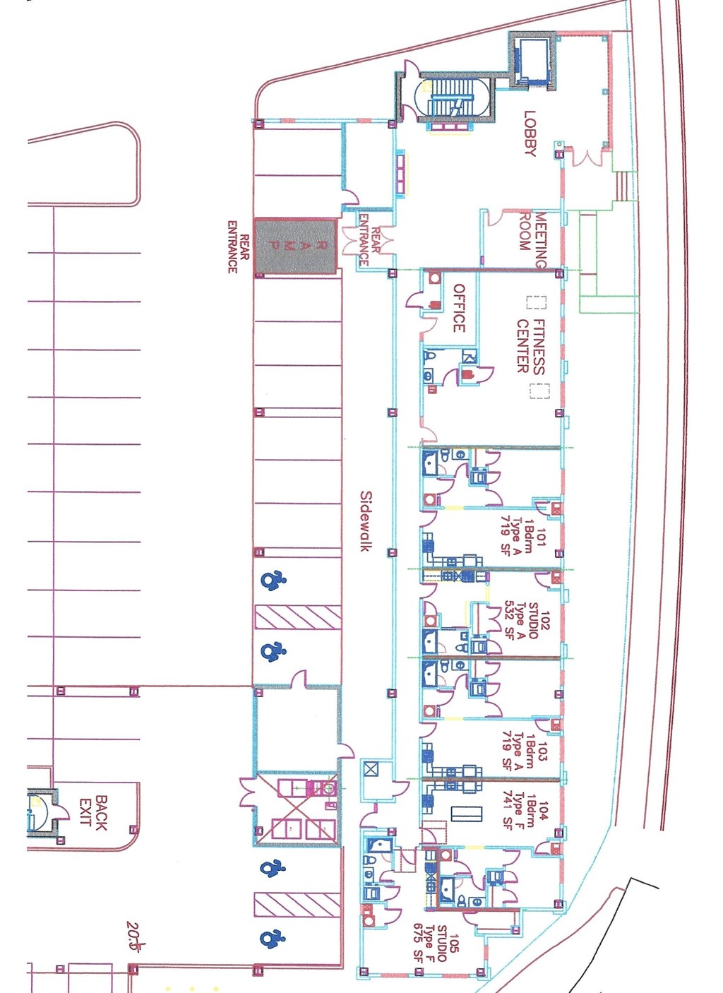 A floor plan of a building with a lobby, elevator, and various rooms including an office center and fitness center.