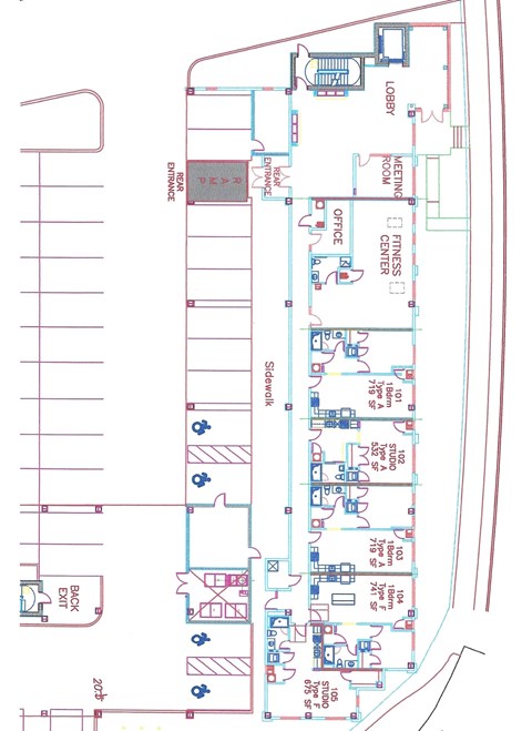 A floor plan of a building with a lobby, elevator, and various rooms including an office center and fitness center.
