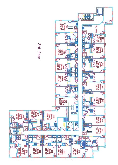 A blue and red floor plan of a building with rooms labeled.