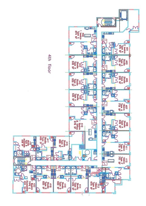 A blueprint of a building's 4th floor layout.