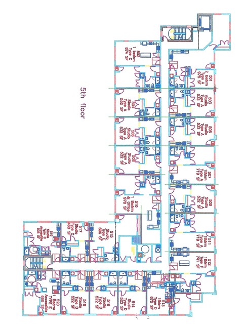 A blue and red floor plan of a building with the 5th floor labeled.