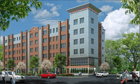 A rendering of a modern building named Trolley Pointe with a red car in front.