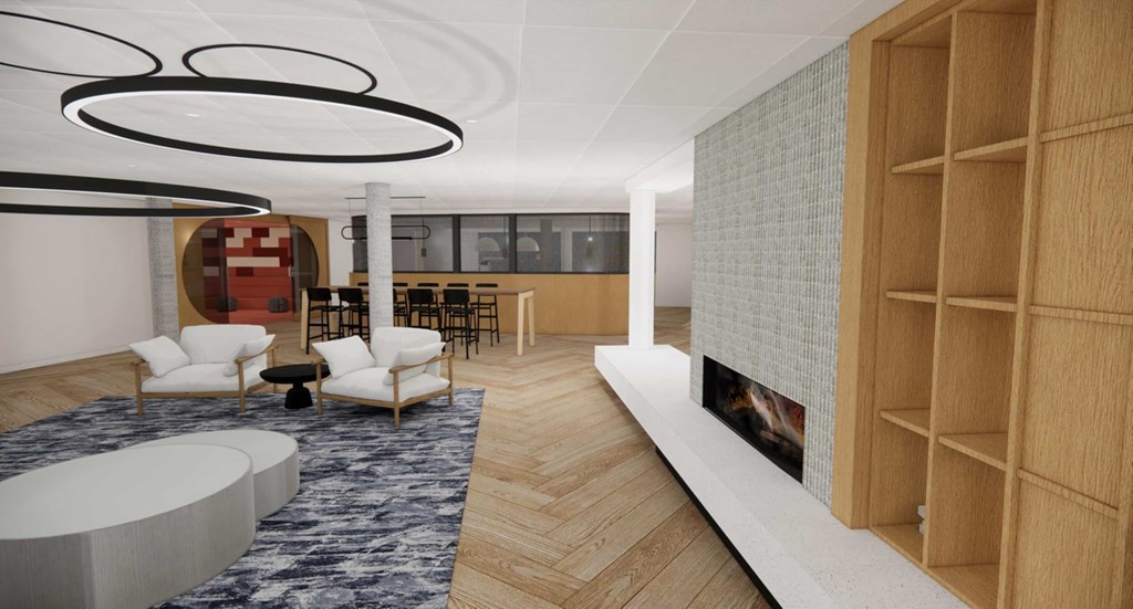 A modern living room with a fireplace and a bookshelf.