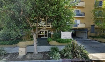 A tree in a courtyard with a building in the background.
