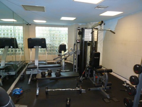 A gym with a variety of equipment including a treadmill, weights, and a bench press.