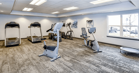A gym with treadmills, exercise bikes, and other equipment.