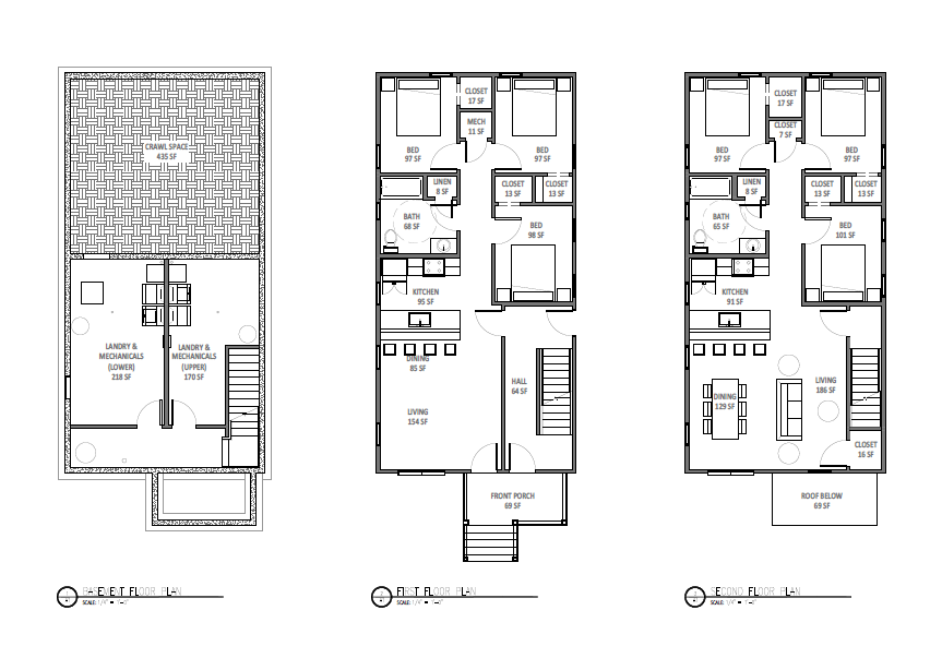 Three floor plans of a house with labeled rooms and dimensions.
