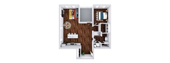 A small apartment with a kitchen, living room, and bedroom.