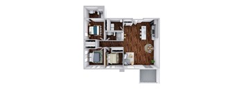 A 3D floor plan of a small apartment with a kitchen, living room, and bedroom.
