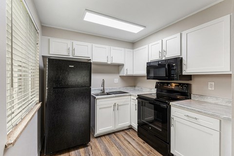 A black refrigerator sits next to a sink in a kitchen.