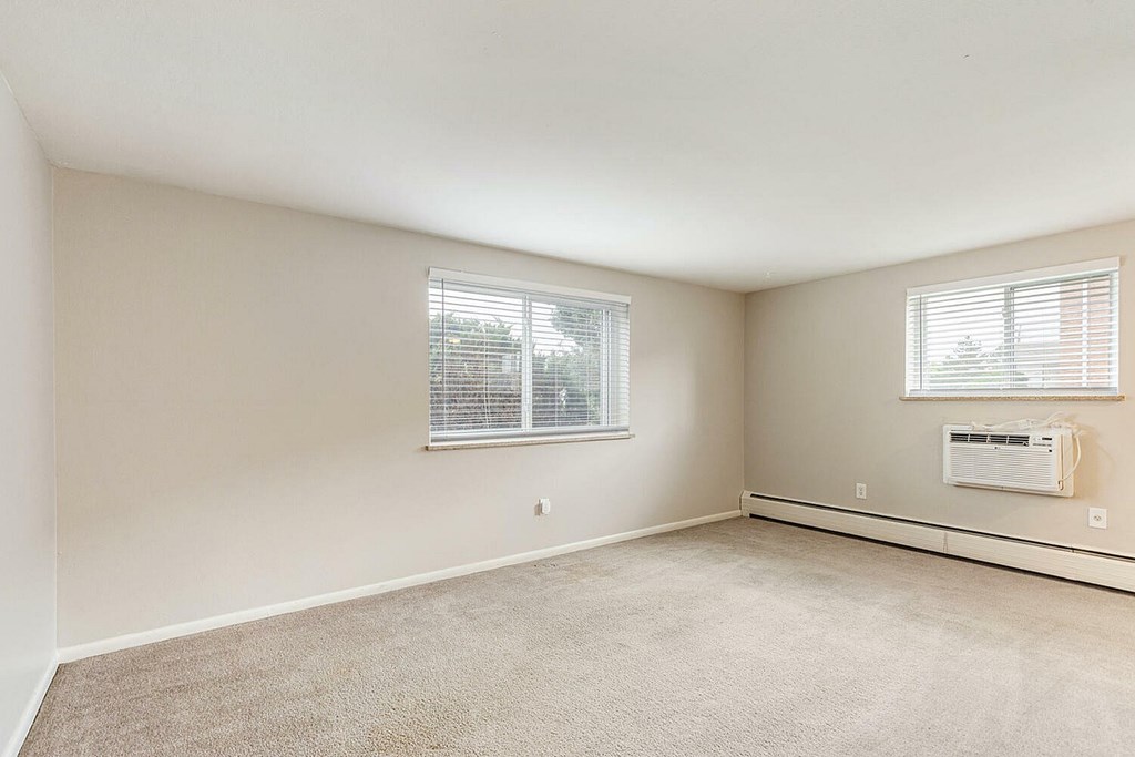 A room with a window and a carpeted floor.