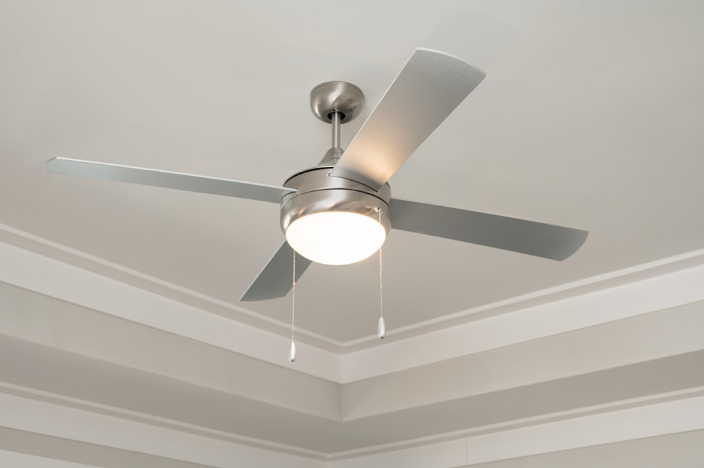 A ceiling fan with a light fixture is mounted on a white ceiling.