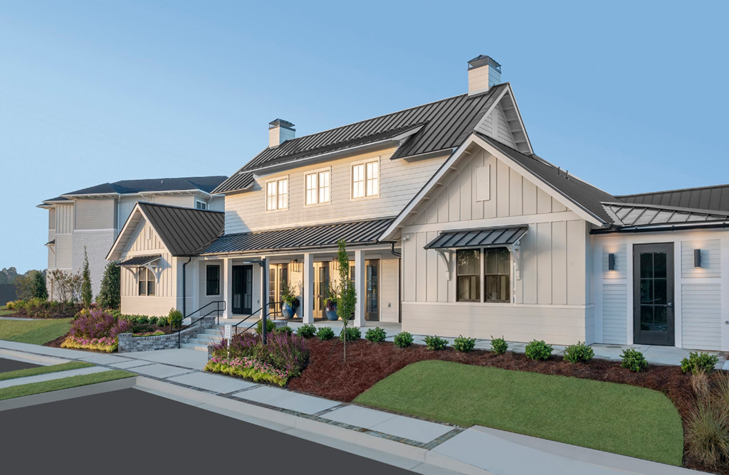 A modern house with a grey exterior and a black roof.