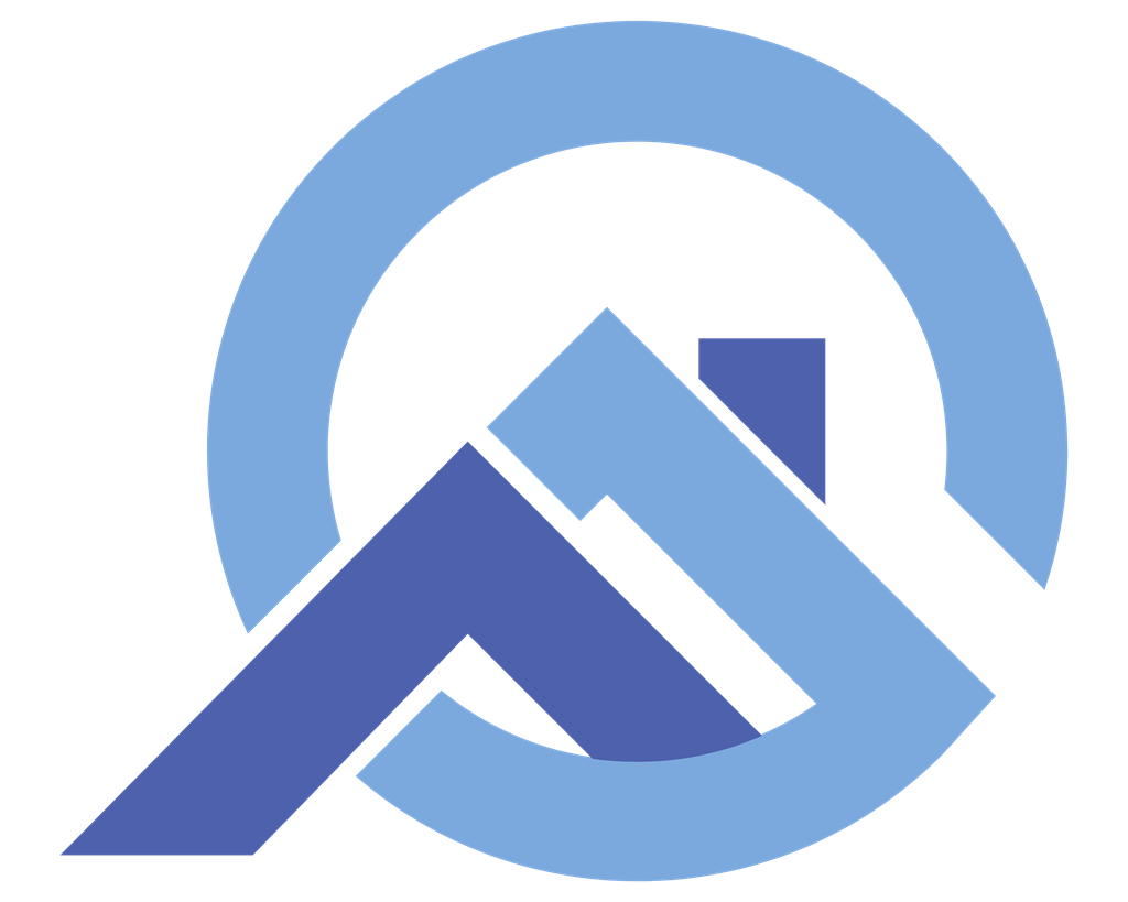 A blue and black logo with a mountain and swoosh design.