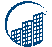 A graphic of a city skyline with buildings and a curved line above them.