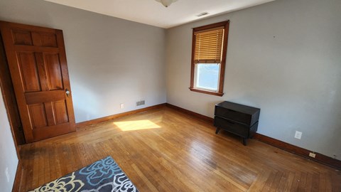 A room with a wooden floor and a brown door.