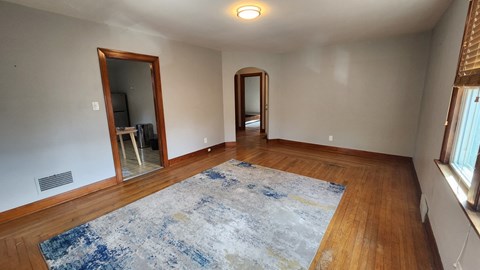 A room with a blue rug and wooden floors.
