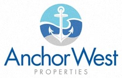An anchor is in the center of a blue circle with the words Anchor West Properties written below it.