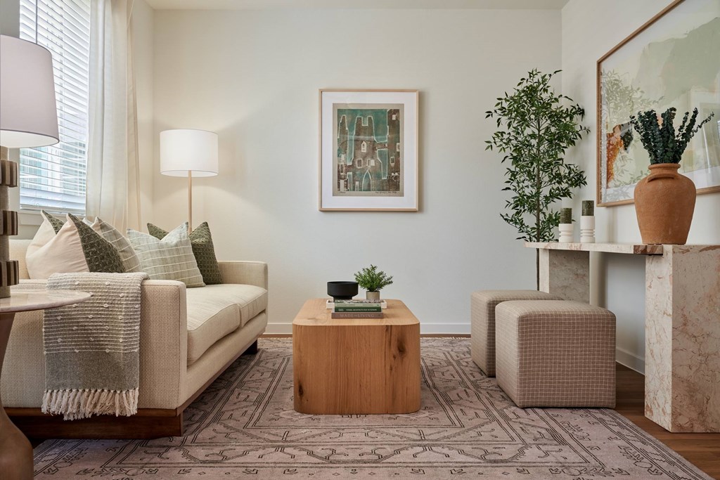 A living room with a couch, a coffee table, and a rug.