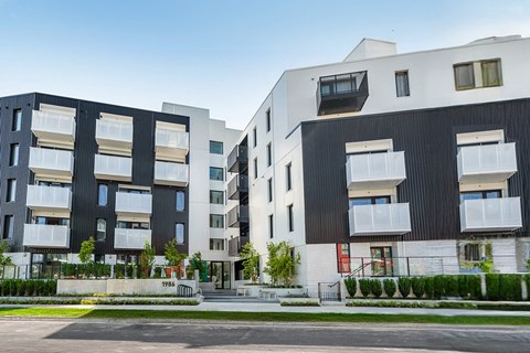 A modern apartment complex with black and white buildings.