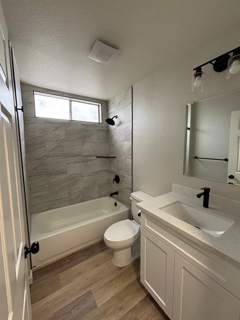 A bathroom with a sink, toilet, and tub.