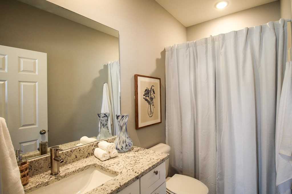 A bathroom with a toilet, sink, and shower curtain.