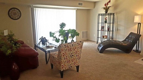 A living room with a red couch, a chair with a floral pattern, and a black chaise lounge.