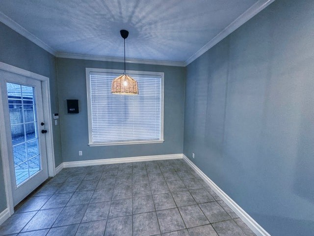 A room with a door, a window with blinds, and a hanging light fixture.