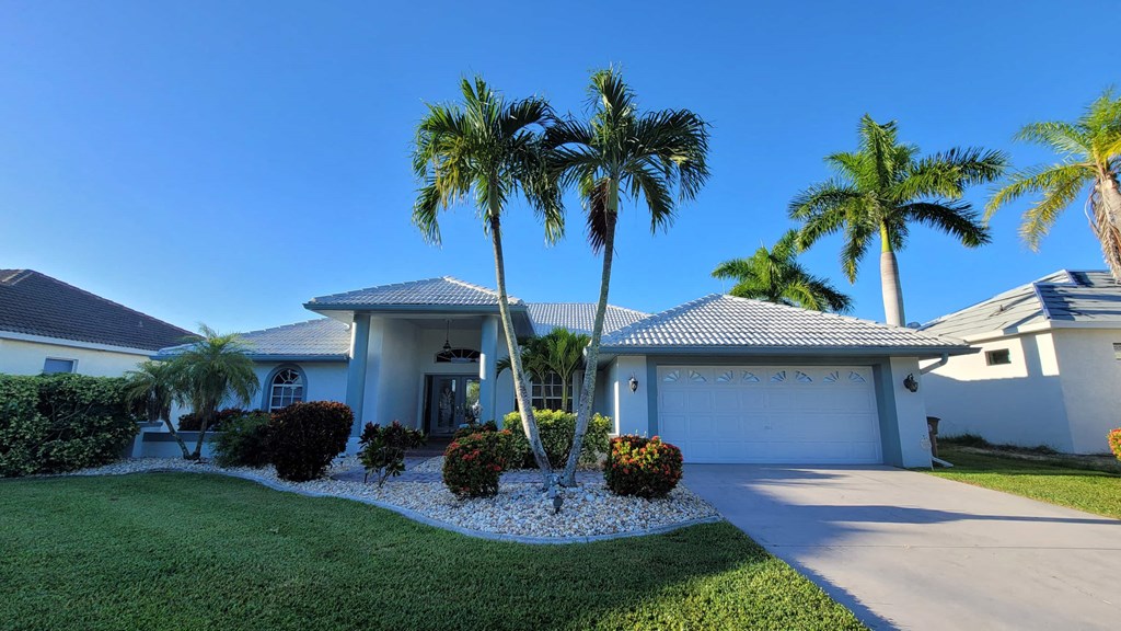 A house with a white fence and a palm tree in front.