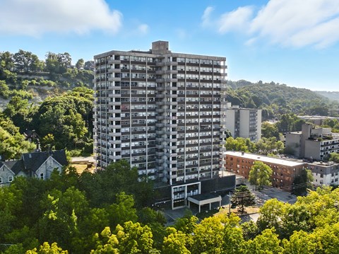 A tall building stands in the middle of a lush green forest.