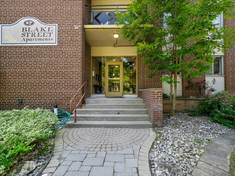The front of Blake Street Apartments with a green tree in front.