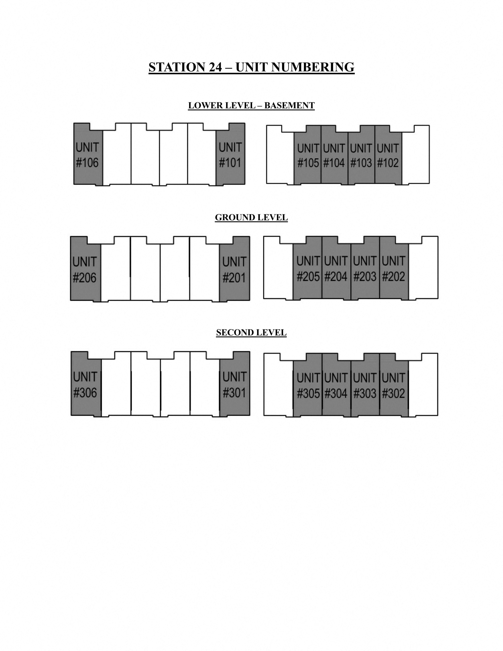 A diagram shows the unit numbering for Station 24 on three different levels: lower level, ground level, and second level.