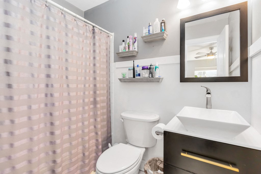 A bathroom with a toilet, sink, and shower curtain.